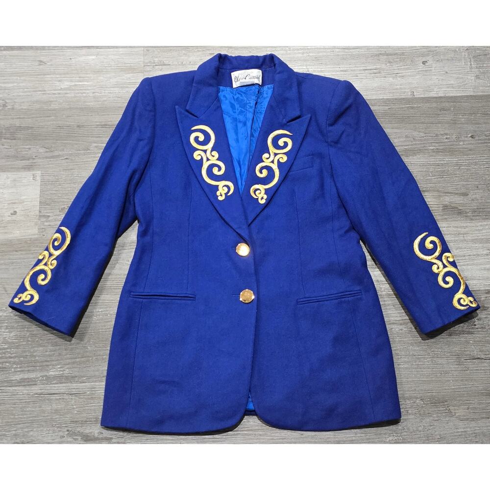 Vintage Oleg Cassini Royal Blue Gold Swirl Accent Embroidered Wool Blazer Jacket - Picture 10 of 10